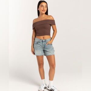 Stretchy Ribbed Off The Shoulder Open Back Brown Tube Top